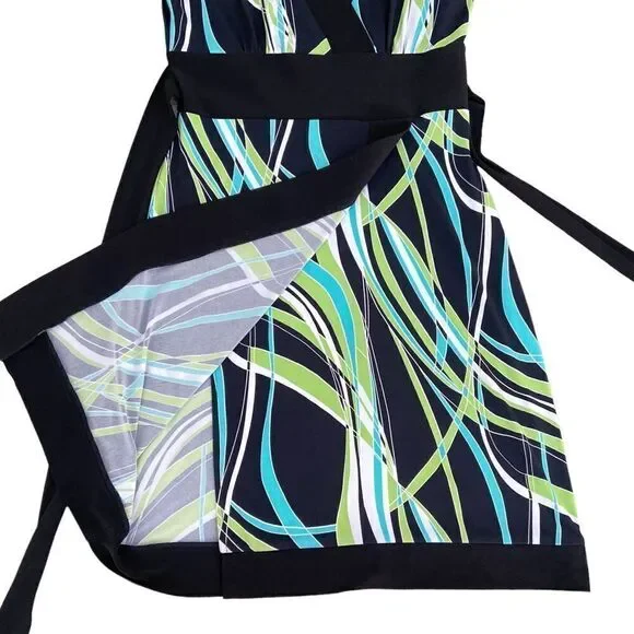 Frank Lyman v neck cap sleeve jersey knit dress black trim & belt graphic print - Picture 8 of 11